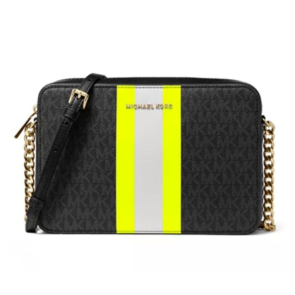 MICHAEL KORS Jet Set Large Logo Stripe Crossbody In Black/Neon Yellow/Gold